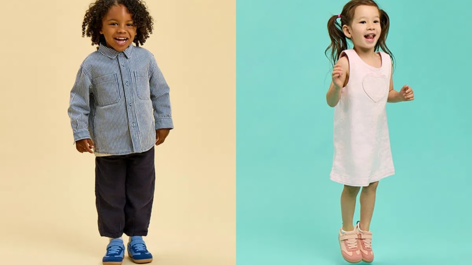 Two children wearing Ten Little retro suede sneakers