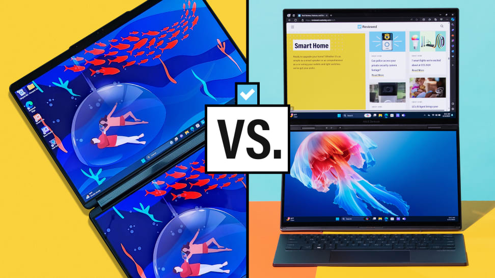 Left: A dual-screen laptop displaying a colorful background lying flat against a wooden surface. Right: Person typing on the Asus Zenbook Duo laptop on top of a white desk.