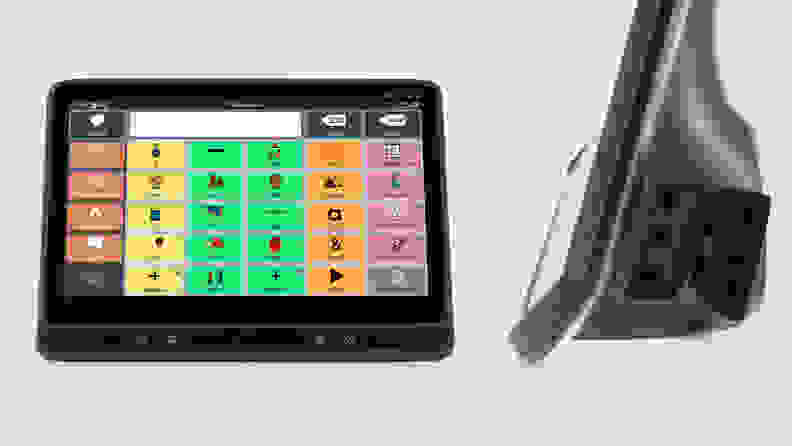 An up-close view of front and side angles of a tablet AAC device