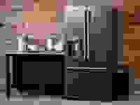 The refrigerator has an attractive Black Slate finish and a Keurig coffeemaker in the door
