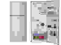 Two instances of the Beko fridge in a white void. On the left its doors are closed, showcasing its exterior. The second has its door open, showcasing its internal storage. Each bin and shelf is fully stocked with food.