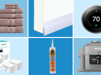 On top, collage of stack of different-sized towels in plum color, door stopper on bottom of white door, Ring thermostat with temperature on screen. On bottom, two white smart plugs next to tube of caulk material and gray air fryer.